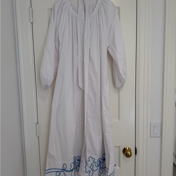 White Midi Dress with Blue Embroidery - Picture 2 of 4